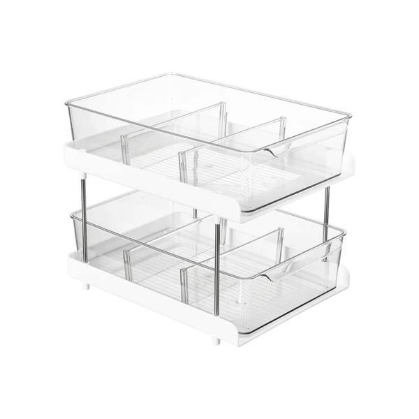 Clear acrylic under-sink drawer organizer, space-saving storage for kitchen or bathroom.