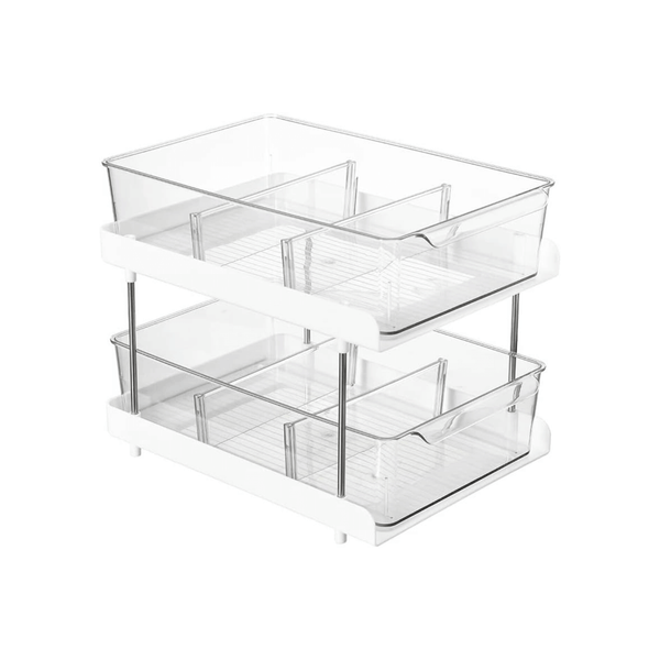 Two-tier under-sink drawer organiser for efficient storage and kitchen organisation, perfect for keeping items tidy and accessible.