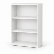 A white three-shelf bookcase with adjustable peg-hole side brackets, shown on a clean white background.