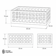 Large perforated storage basket with 32cm length and product dimensions