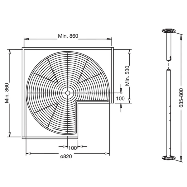 Diagram showing dimensions for the Lazy Susan Corner Cabinet – 270° Swivel Unit (2 Sizes) for efficient kitchen organisation.