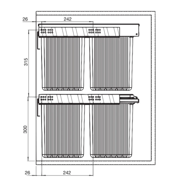 Diagram of the Dual Pull-Out Kitchen Bin fits 450mm cabinet, ideal for under sink storage and kitchen organisation.