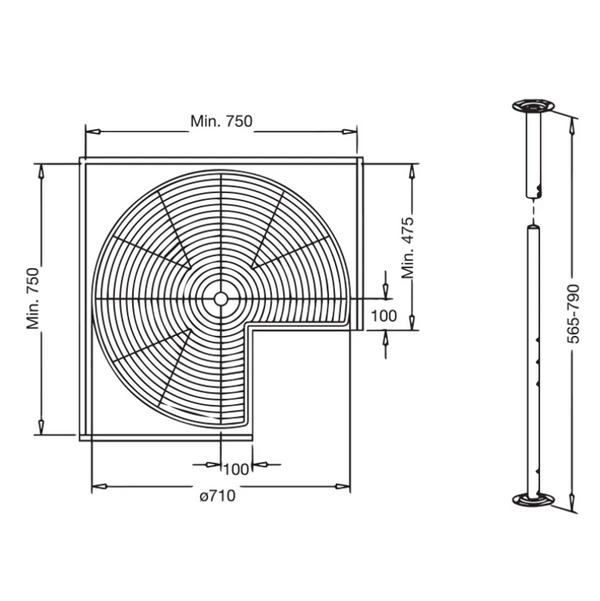 Diagram of Lazy Susan Corner Cabinet – 270° Swivel Unit for kitchen organisation and storage, featuring precise measurements.