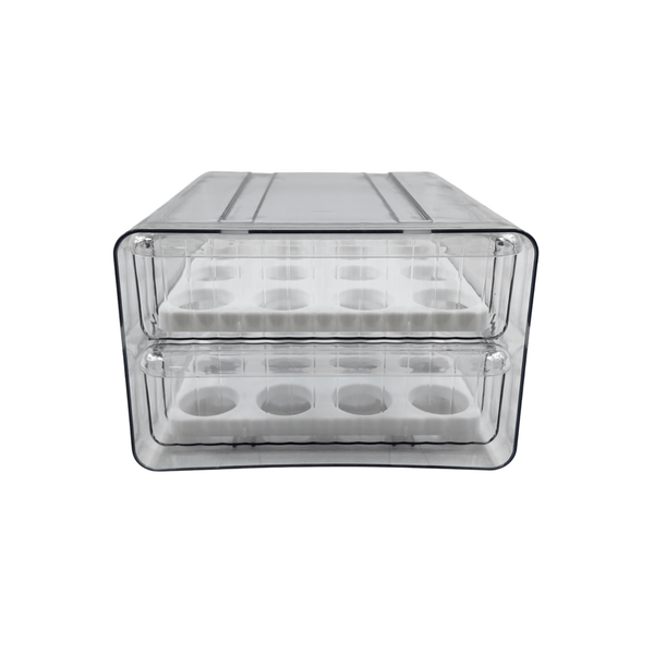 Two-level egg organiser drawer for fridge storage, space-saving kitchen baskets solution