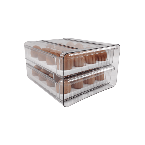 Two-level egg organiser drawer, space-saving fridge container for efficient kitchen storage.