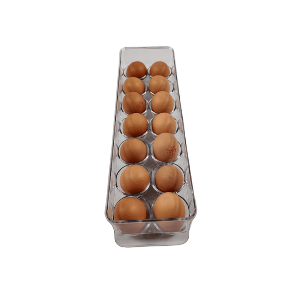 Clear egg organiser with lid for fridge, ideal kitchen storage solution, holds dozen eggs