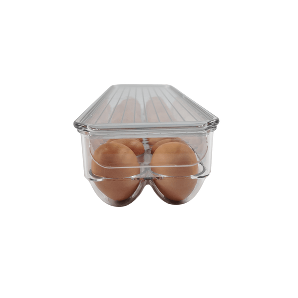 Clear egg organiser with lid, perfect for fridge storage and space-saving pantry solutions.