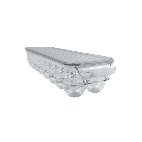 Transparent egg organiser with lid for fridge storage, space-saving kitchen container