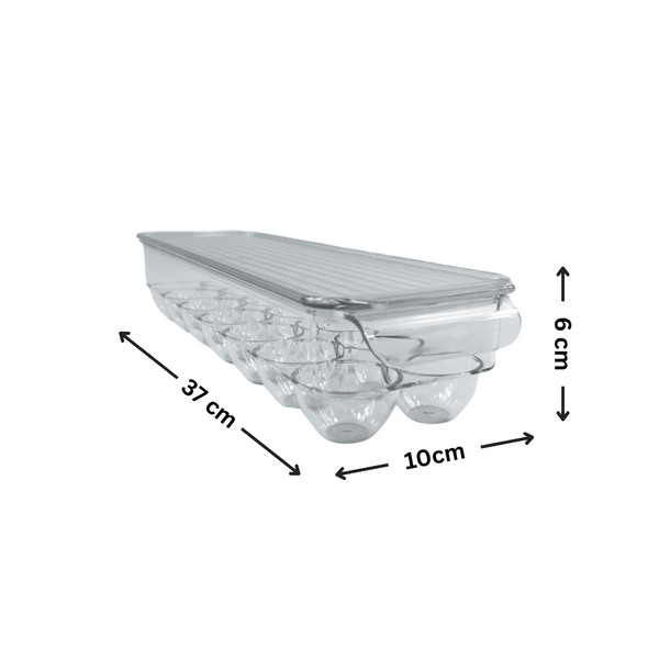 Space-saving egg organiser with lid for fridge storage, dimensions 37x10x6 cm.