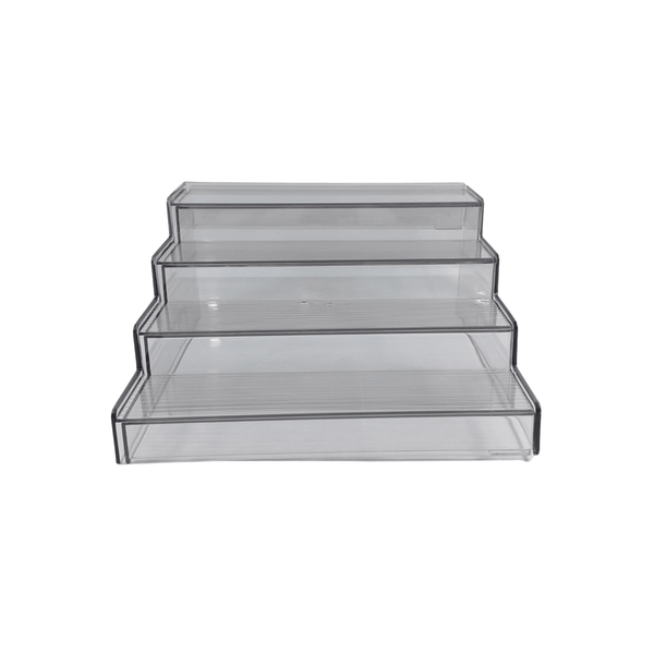 Expandable 4-tier clear spice rack organiser for pantry storage, space-saving kitchen solution.
