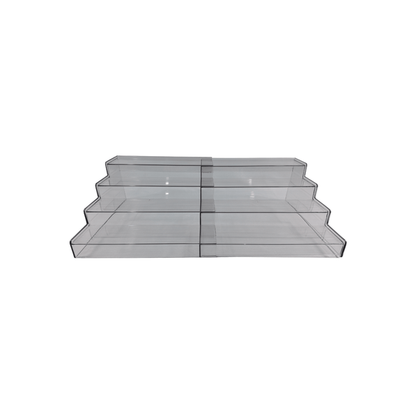 Expandable 4-tier clear spice rack organiser for pantry and kitchen storage.