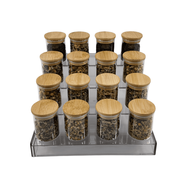 4-tier clear spice rack with 16 wooden lid jars, perfect pantry storage organiser.