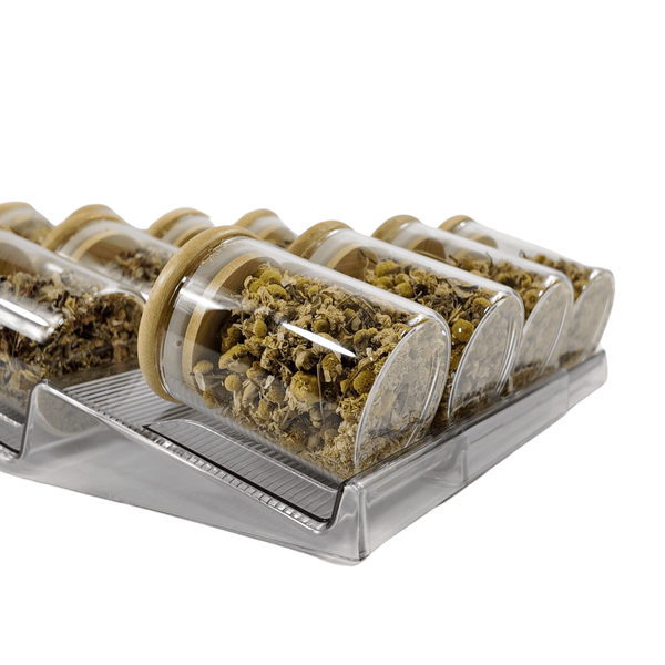 Expandable In-Drawer Spice Rack with glass jars for efficient kitchen and pantry organisation.
