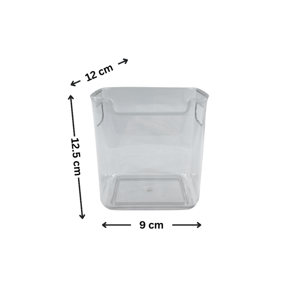 Acrylic extra-small fridge clear storage tub measuring 12x9x12.5 cm, ideal for home organisation and space-saving solutions.