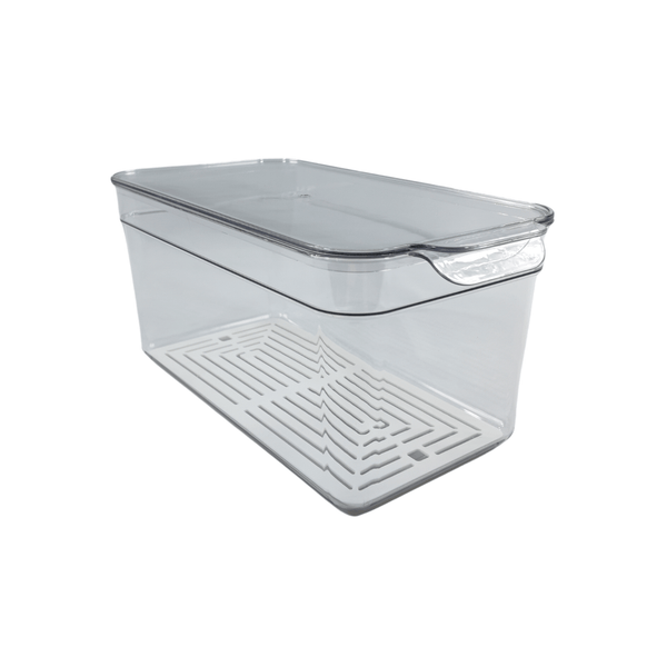 Clear fridge organiser container with lid for efficient kitchen storage.