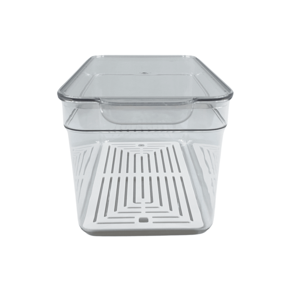 Clear fridge organiser with lid, ideal for space-saving storage in kitchen or pantry.