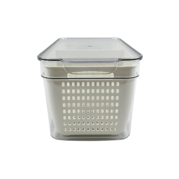 Clear double fridge organizer with removable basket for efficient kitchen storage.