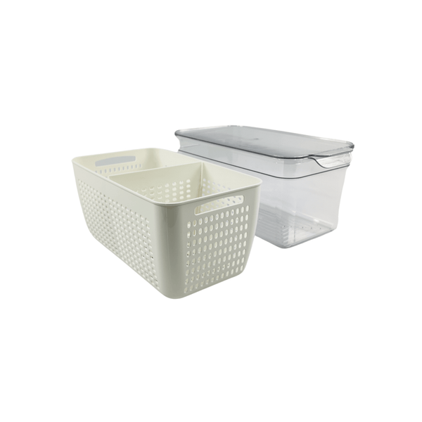 Double clear fridge organiser with removable baskets for space-saving kitchen storage.