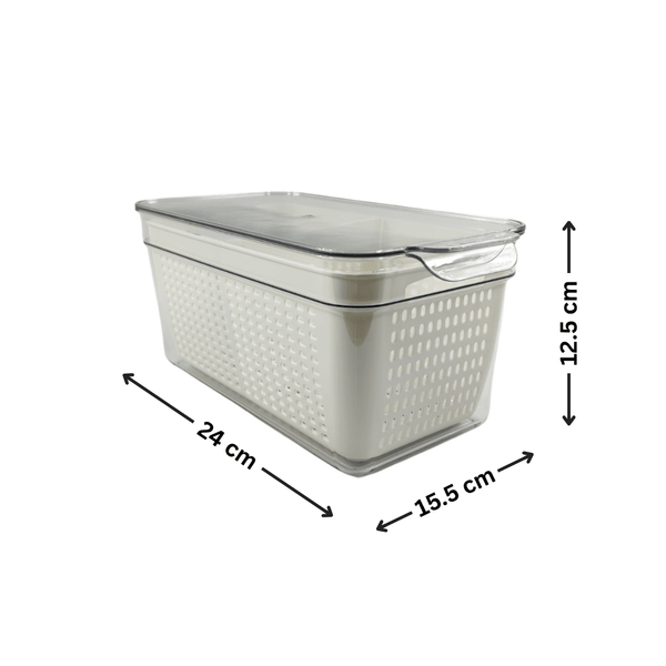 Transparent fridge storage container, 24x15.5x12.5 cm, space-saving kitchen organiser.