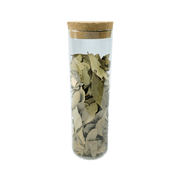 Glass Storage Jars with Cork Lid – 550ml (Set of 6) showcasing dried bay leaves for pantry organisation.