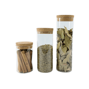 Glass Storage Jars with Cork Lid – 275ml filled with spices for kitchen pantry organisation on a white background.