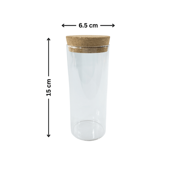 Glass Storage Jars with Cork Lid – 410ml, ideal for kitchen and pantry organisation, featuring a 6.5 cm width and 15 cm height.