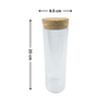 Glass storage jar with a cork lid, measures 20cm tall by 6.5cm wide, ideal for kitchen storage solutions and stylish home organisation.