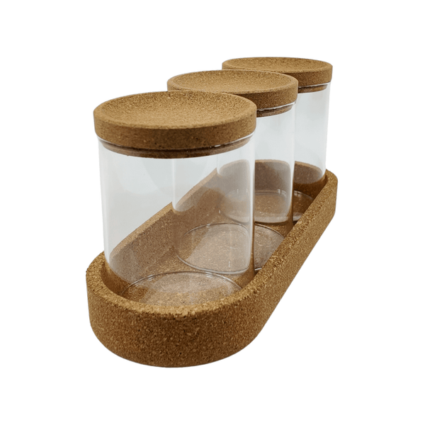 Glass storage jar trio with cork lids, perfect pantry organiser or fridge container.