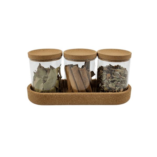 Glass trio set with cork lids, perfect for kitchen pantry storage and organization.
