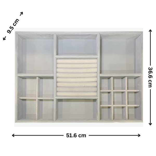 Grey Felt Jewellery & Accessory Tray 516x366x95mm, ideal for drawer organisation in bedroom or wardrobe. Perfect storage organisers.