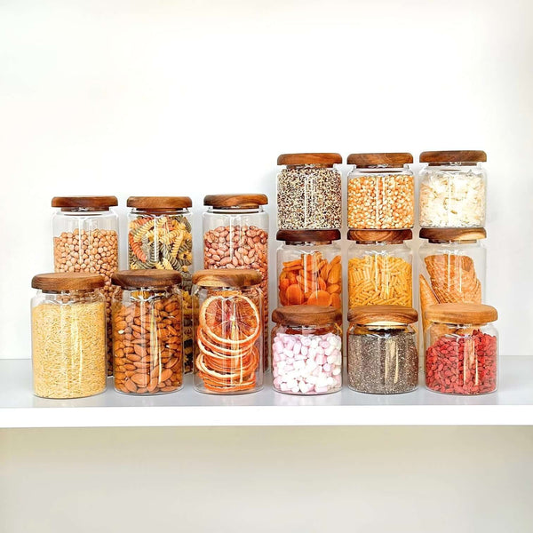 Acacia Lid Glass Jars in pantry for storage organization, 1500ml capacity, space-saving containers.