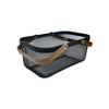 Black mesh storage basket with acacia handles, ideal for kitchen pantry and laundry organization.