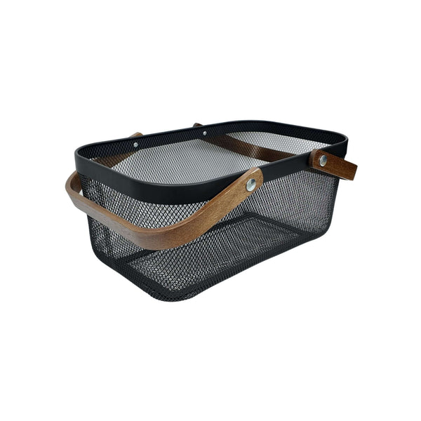Black mesh storage basket with acacia handles, ideal for kitchen pantry and laundry organization.
