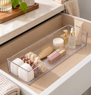 Large Clear Drawer Organiser holding skincare and makeup in a bathroom drawer