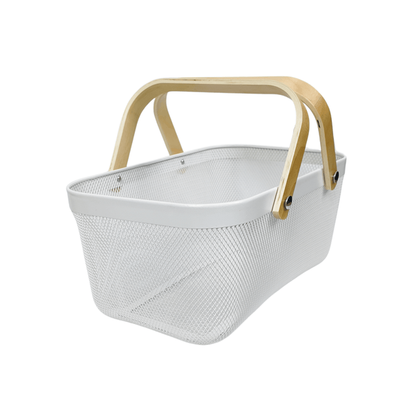 Large white mesh basket with wooden handles for kitchen storage organisation