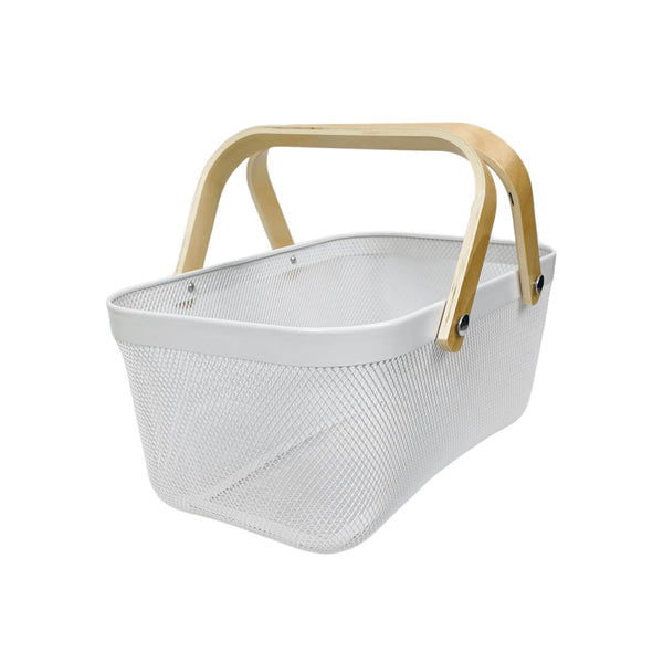 Large White Mesh Basket with Wooden Handles