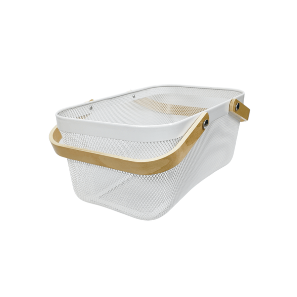 Large white mesh basket with wooden handles, perfect for kitchen storage and organizing.