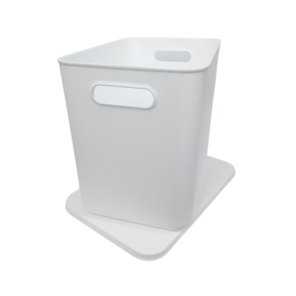 Large white storage organiser tub with lid, ideal for kitchen or bathroom space-saving.