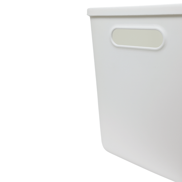 Large white storage tub with lid for pantry or laundry organization, space-saving design.