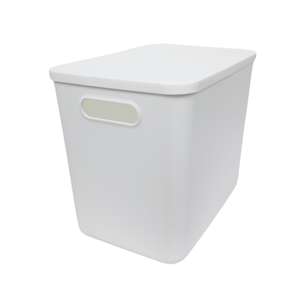 Large white storage tub with lid for kitchen or laundry organization.