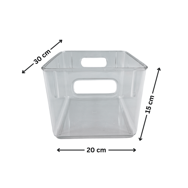 Large clear bathroom storage tub, 30x20x15 cm, ideal for pantry, fridge, or under sink.