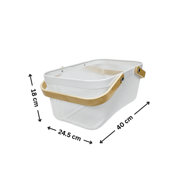 Large white mesh basket with wooden handles for home organisation, ideal for kitchen storage, pantry decluttering, and stylish space-saving.
