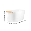 Large white storage tub with wooden handle, ideal for pantry or laundry organization.