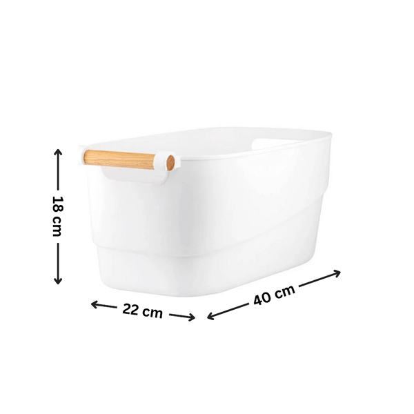 Large white storage tub with wooden handle, ideal for pantry or laundry organization.