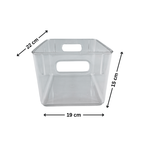 Clear large laundry storage tub with handle, ideal for organizing pantry or bathroom.