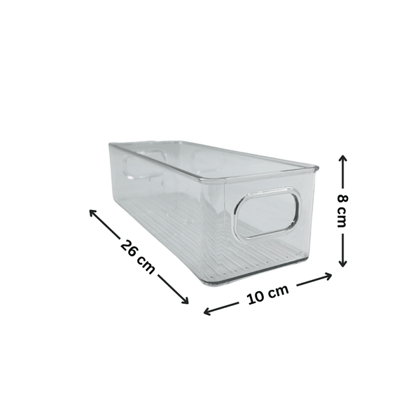 Clear mini laundry storage tub, 26x10x8 cm, ideal for pantry or fridge organization.