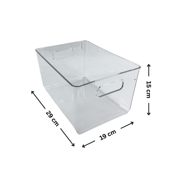 XL clear storage tub with handles, ideal for organizing laundry and pantry items.