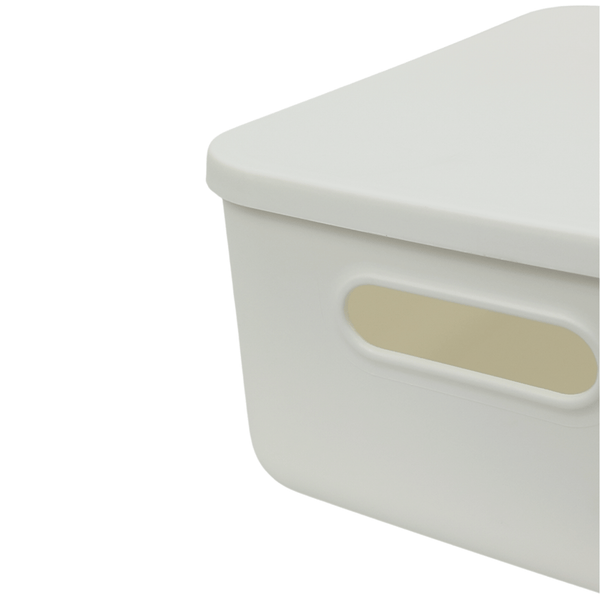 Medium white storage tub with lid for kitchen and pantry organization.