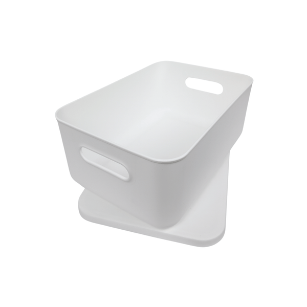 Medium white storage tub with lid ideal for kitchen or bathroom organization.
