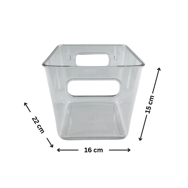 Medium clear bathroom storage tub for organizing, measuring 22x16x15 cm, perfect space-saving container.